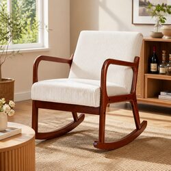 Modern Scandinavian Rocking Armchair in Beige Corduroy