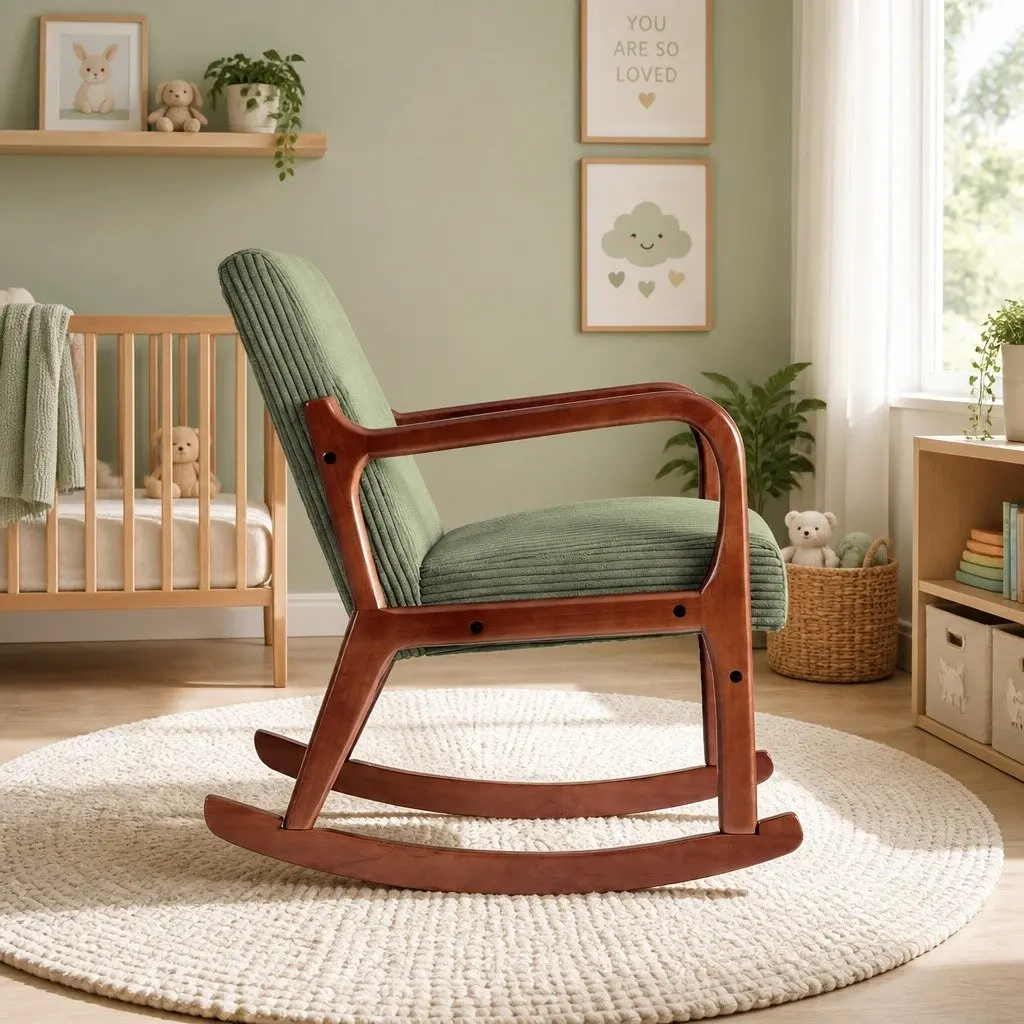Armchair Modern Scandinavian Style Rocking Motion Plush Comfort Green Corduroy