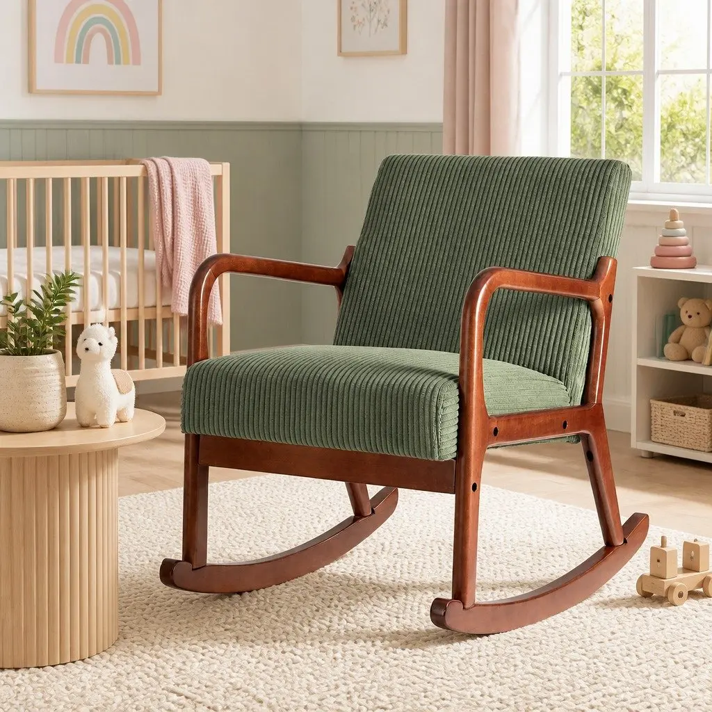 Armchair Modern Scandinavian Style Rocking Motion Plush Comfort Green Corduroy