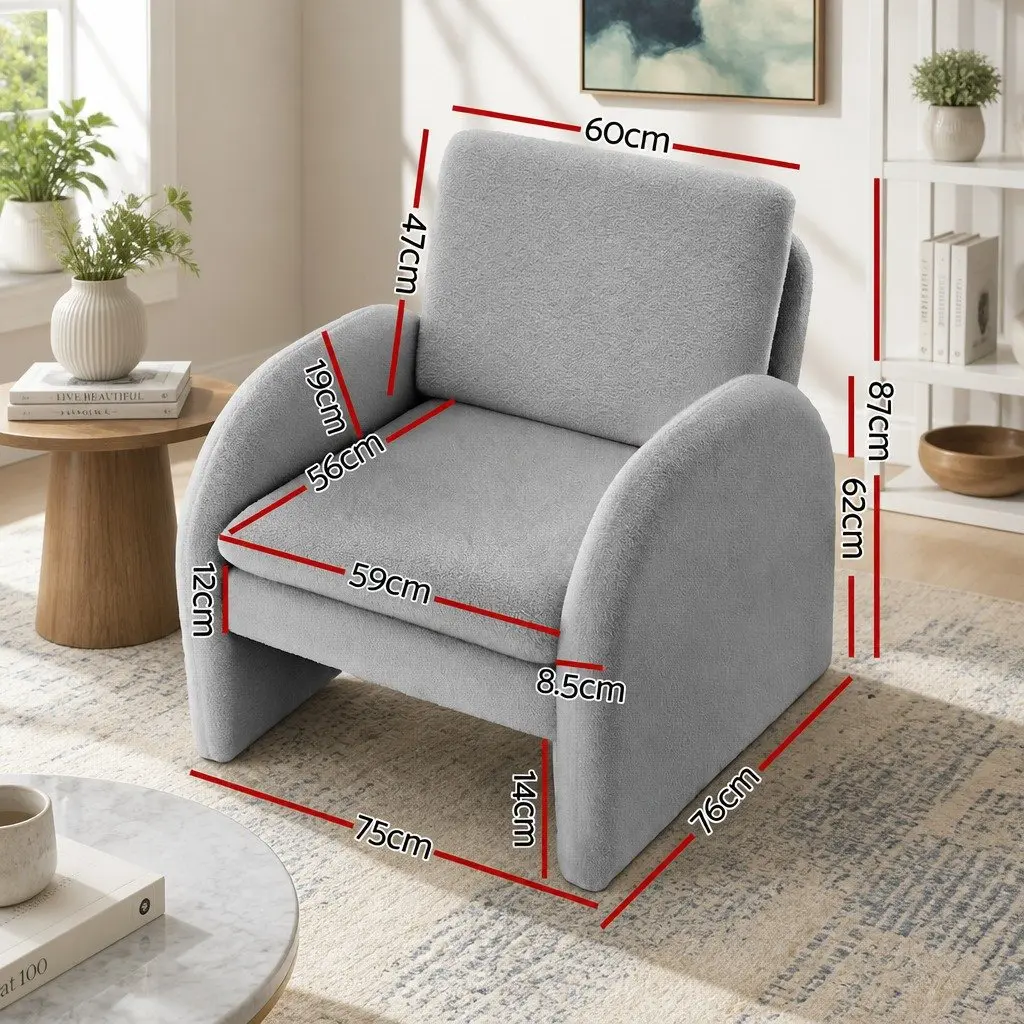 Accent Armchair Boucle Upholstery Curved Armrest Extra-Thick Cushions Grey