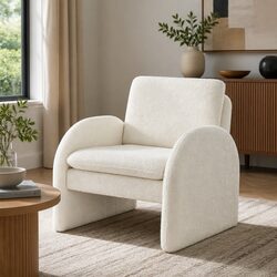 Curved Armchair with Boucle Upholstery and Pine Frame