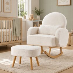 Boucle Fabric Rocking Chair and Ottoman White Set