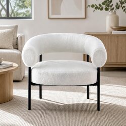 Curved Boucle Armchair with Metal Frame in White