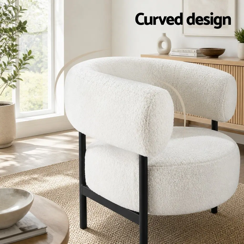 Curved Accent Armchair White Boucle Upholstery Thick Padded Seat Modern Style for Lounge Bedroom Home Office