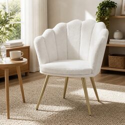 White Armchair with Teddy Fleece Upholstery and Metal Legs