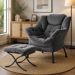 Upholstered Grey Velvet Armchair and Ottoman Set