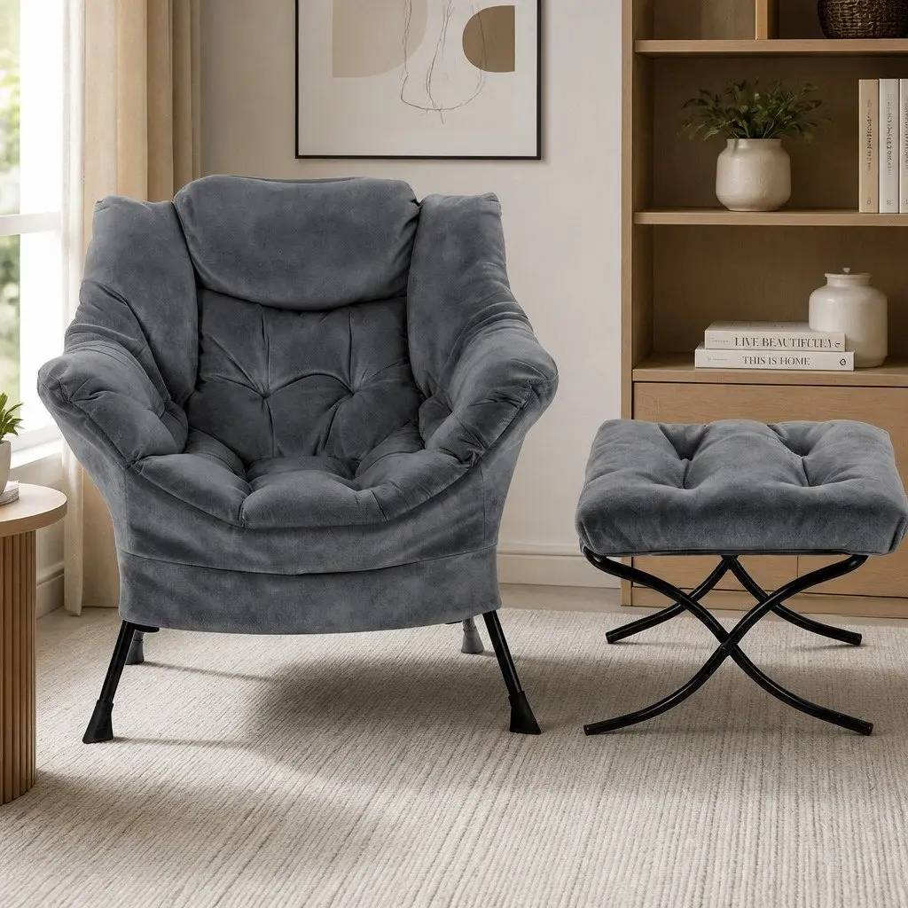 Velvet Armchair with Ottoman Footrest Ergonomic Head Pillow Grey