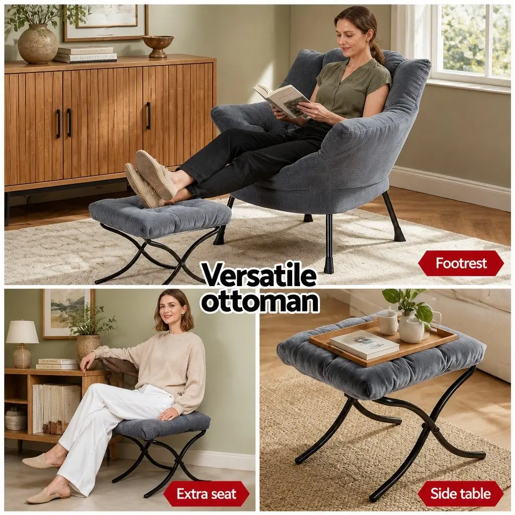 Velvet Armchair with Ottoman Footrest Ergonomic Head Pillow Grey