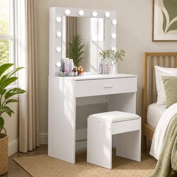 Dressing Table Set with LED Mirror, Stool, and Drawers