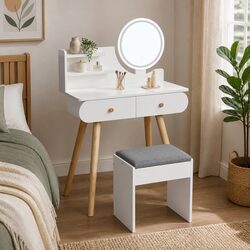 White Dressing Table with LED Mirror and Padded Stool
