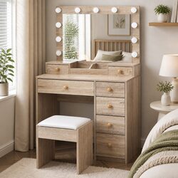LED Mirror Dressing Table Stool Set with Storage in Oak