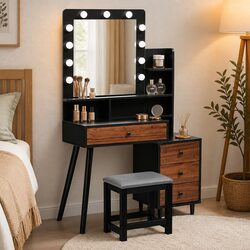 Dressing Table and Stool Set with Adjustable LED Mirror