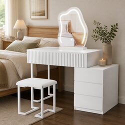 Dressing Table with LED Mirror, Drawers, and Stool Set