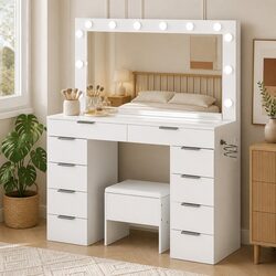 Chic LED Vanity Mirror and Stool Set with Drawers