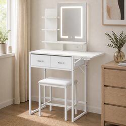 Compact Dressing Table with LED Mirror and Storage Stool
