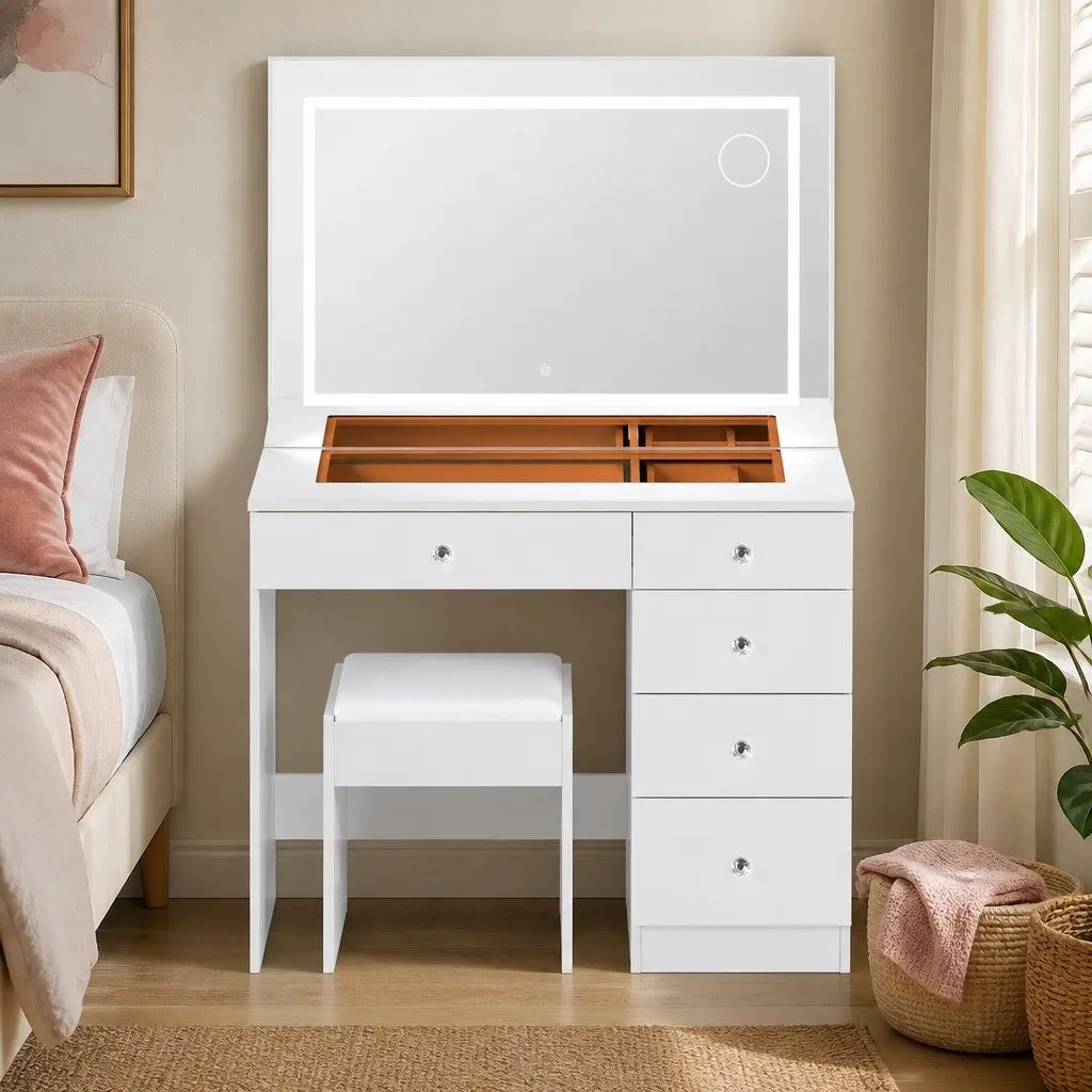 LED Vanity Desk Makeup Mirror Set Adjustable Brightness 5 Drawers White