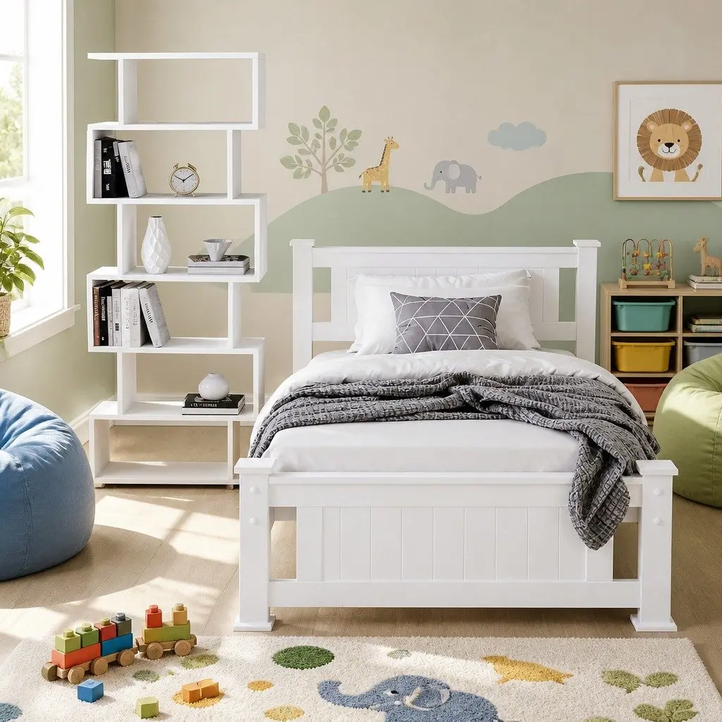 White King Single Bed Frame with Storage S-Shape Display Bookshelf Set for Bedroom