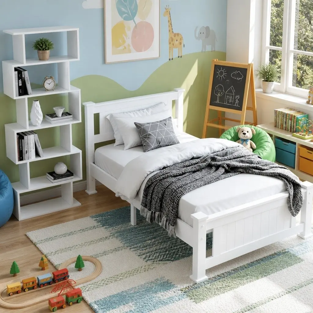 White King Single Bed Frame with Storage S-Shape Display Bookshelf Set for Bedroom