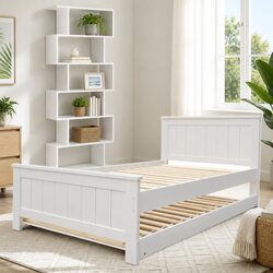 King Single Bed Frame with Trundle and 6-Tier Shelf in White