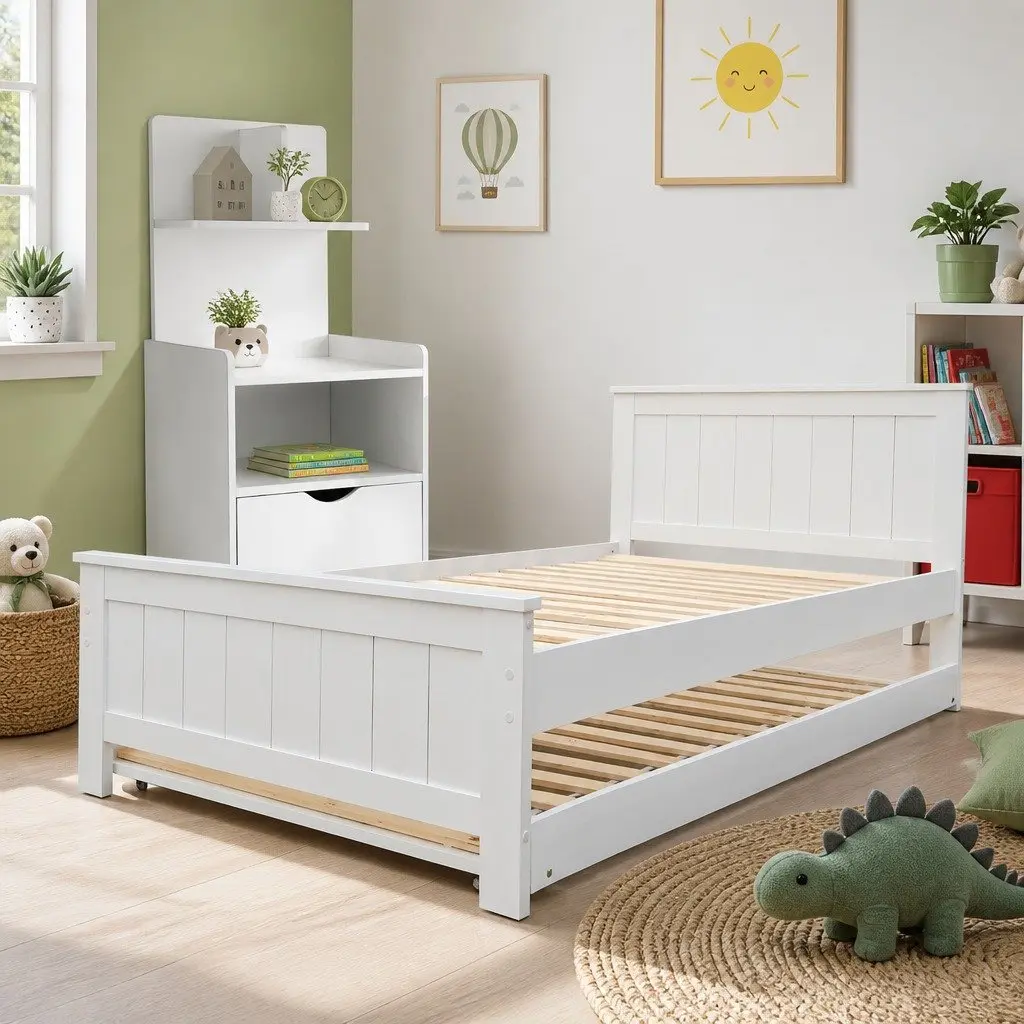 King Single Trundle Bed Frame with Storage Bedside Table White