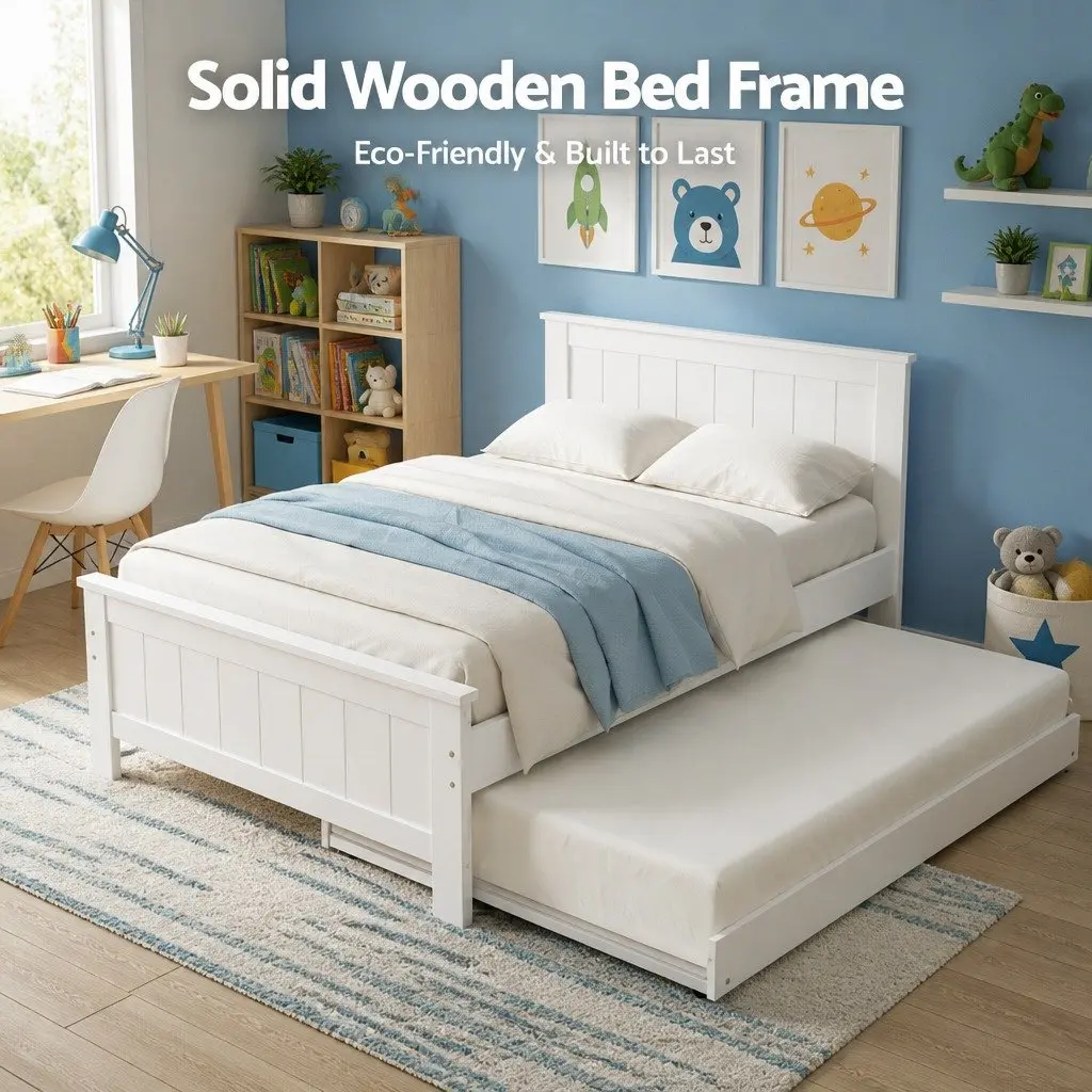 King Single Trundle Bed Frame with Storage Bedside Table White