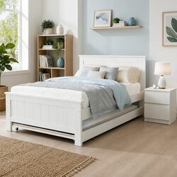 King Single Bed Frame with Trundle and Bedside Table in White
