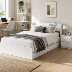 Single Bed Frame with Bedside Table Storage in White