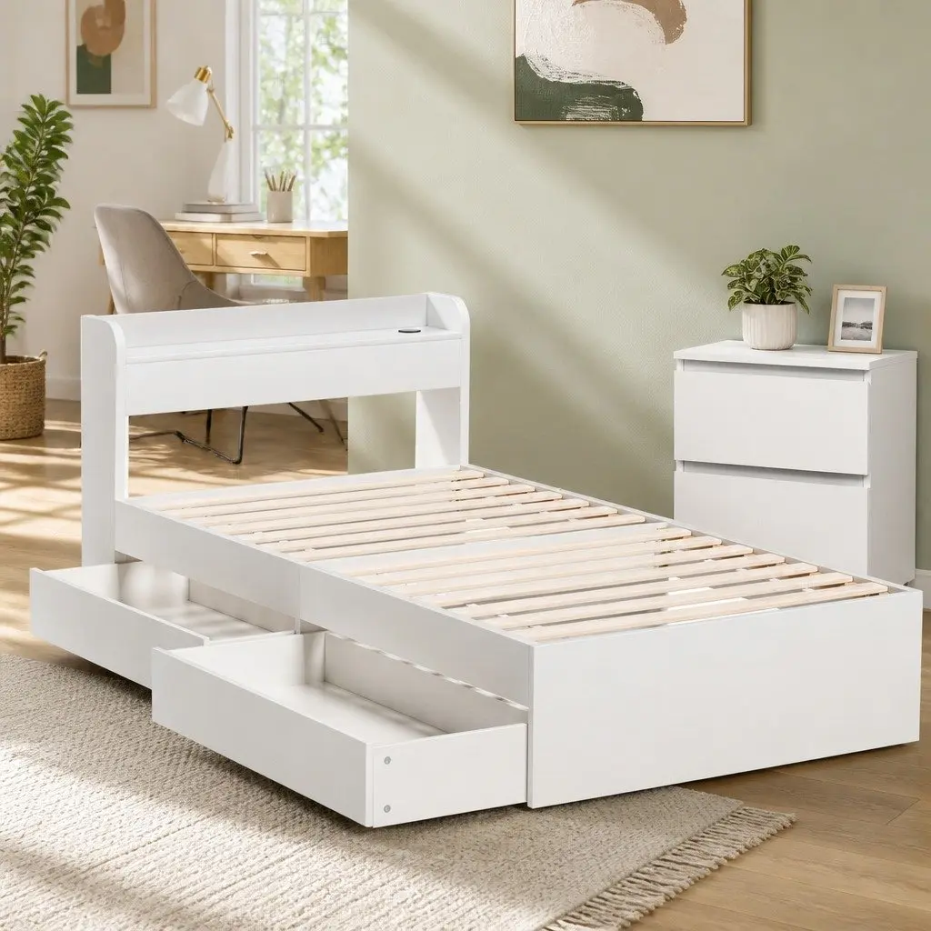 Bed Frame with Storage Headboard and USB Ports White Bedroom Set