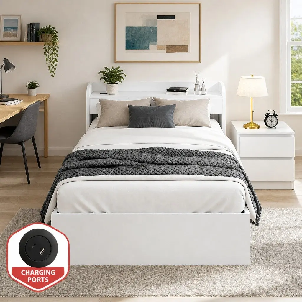 Bed Frame with Storage Headboard and USB Ports White Bedroom Set