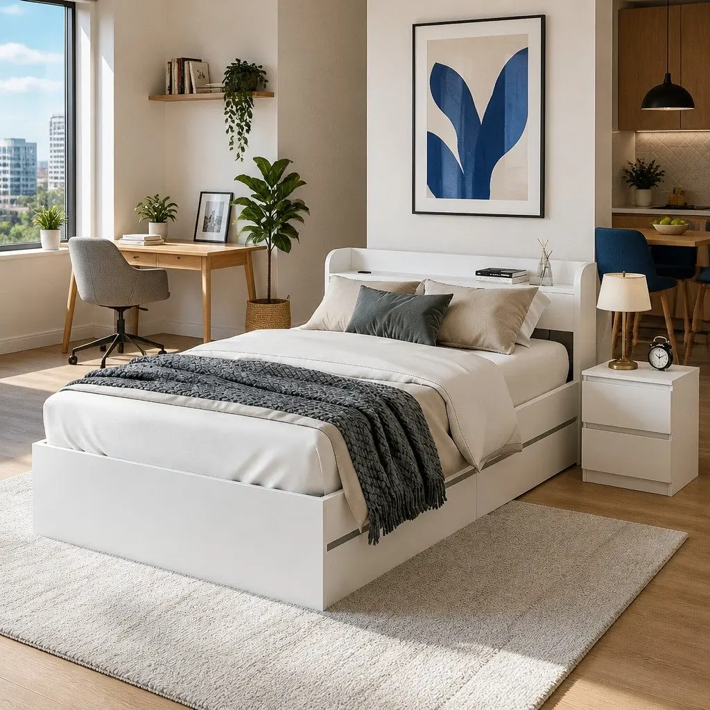 Bed Frame with Storage Headboard and USB Ports White Bedroom Set
