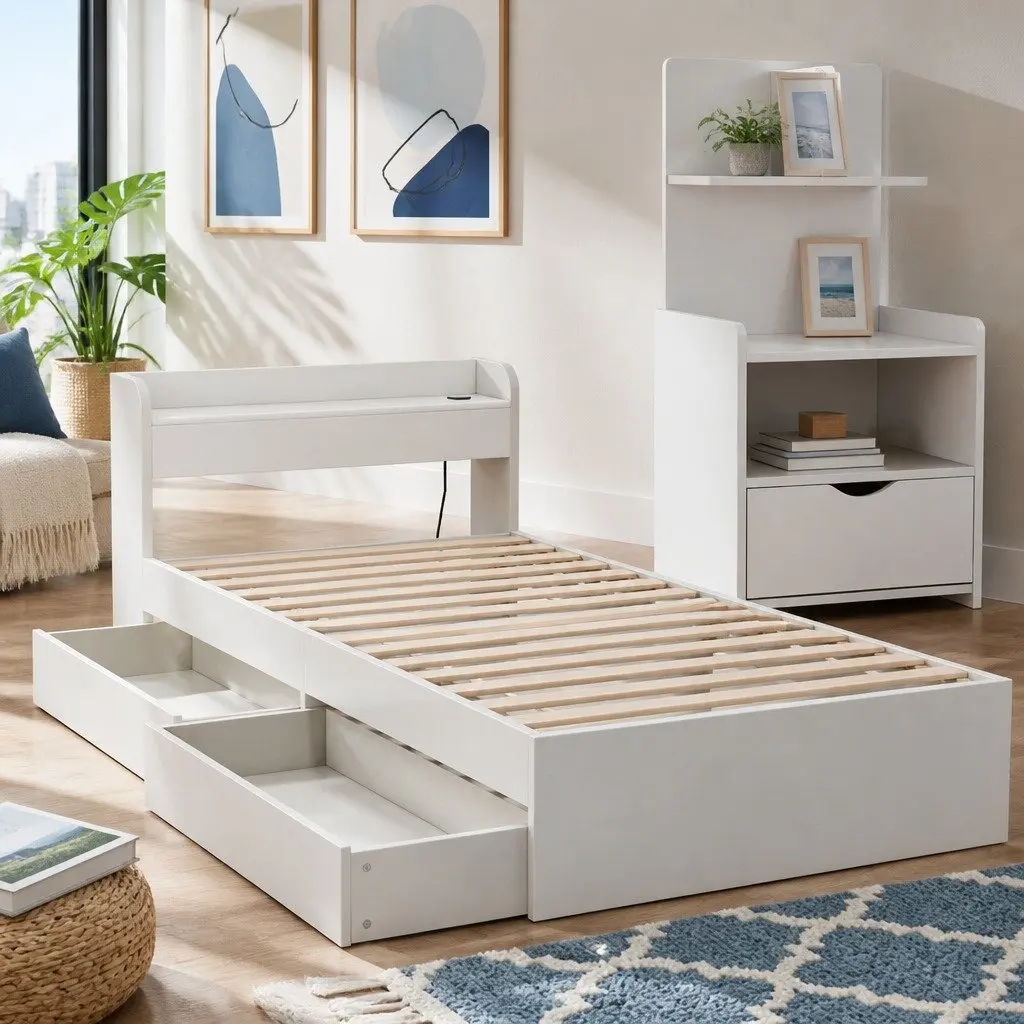 Bed Frame with Charging Ports and Bedside Table Storage Drawers White