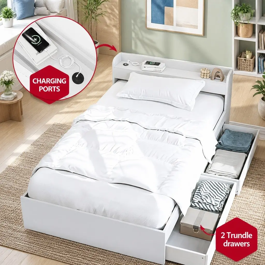 Bed Frame with Charging Ports and Bedside Table Storage Drawers White