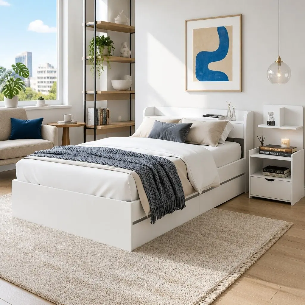 Bed Frame with Charging Ports and Bedside Table Storage Drawers White