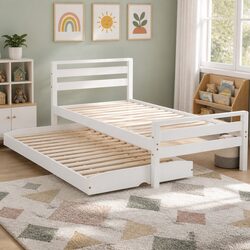 2-in-1 Trundle Bed Frame in White Pinewood