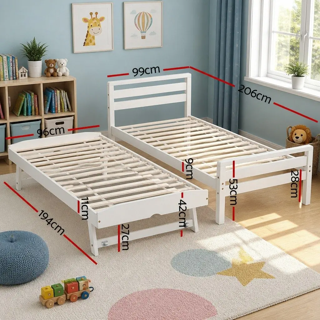 2-in-1 Trundle Bed Frame in White Pinewood