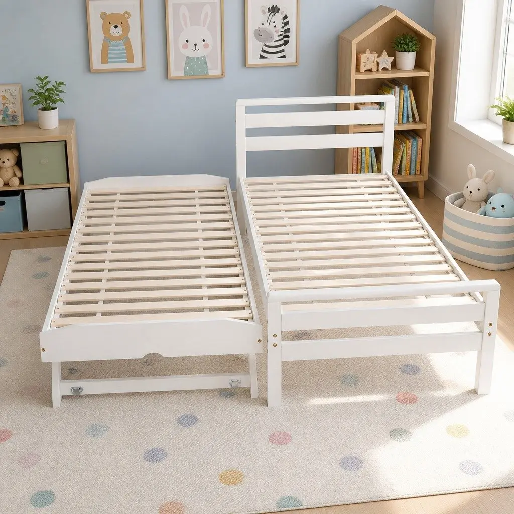 2-in-1 Trundle Bed Frame in White Pinewood