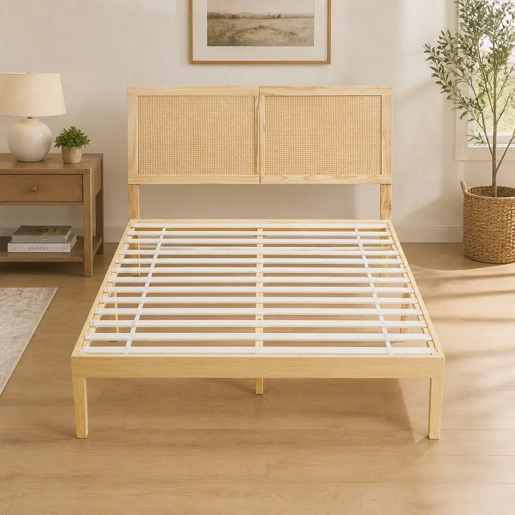 Double Bed Frame with Rattan Headboard in Pinewood