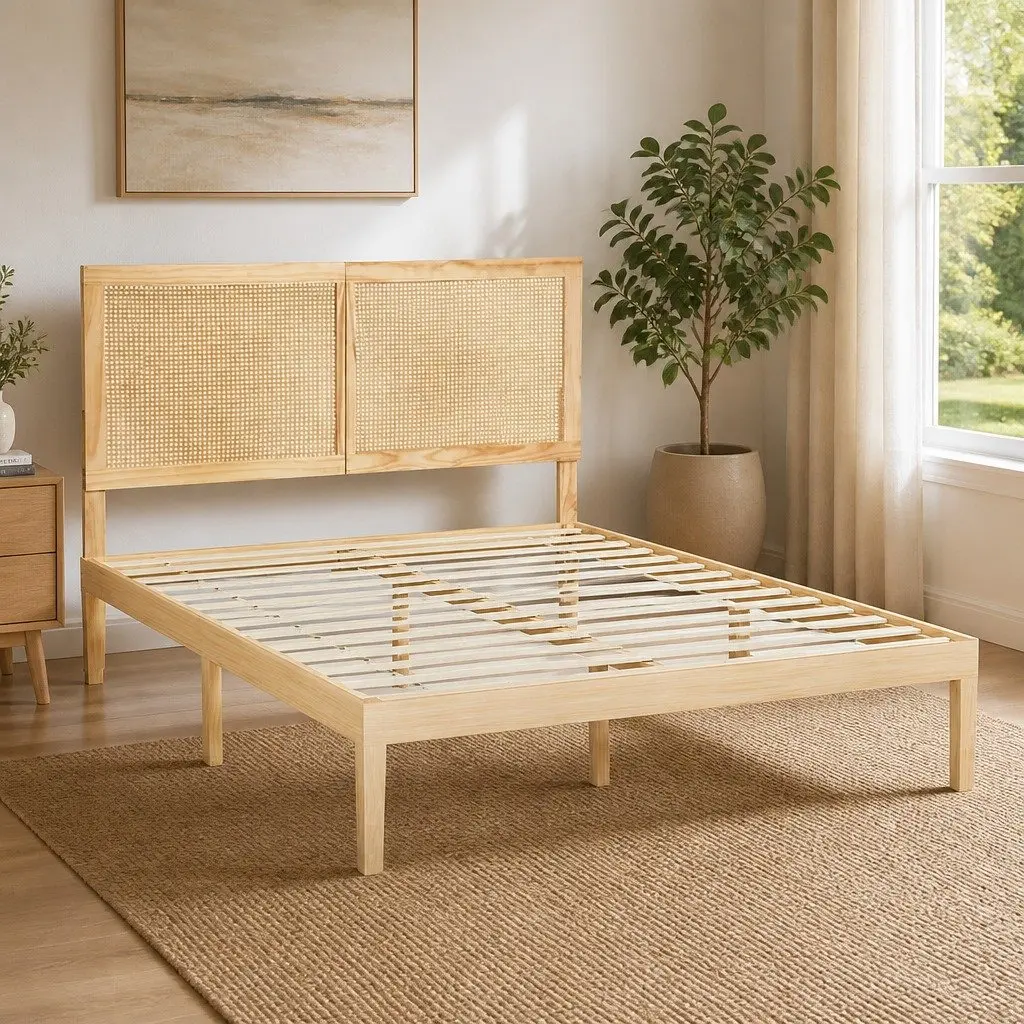 Double Bed Frame with Rattan Headboard in Pinewood