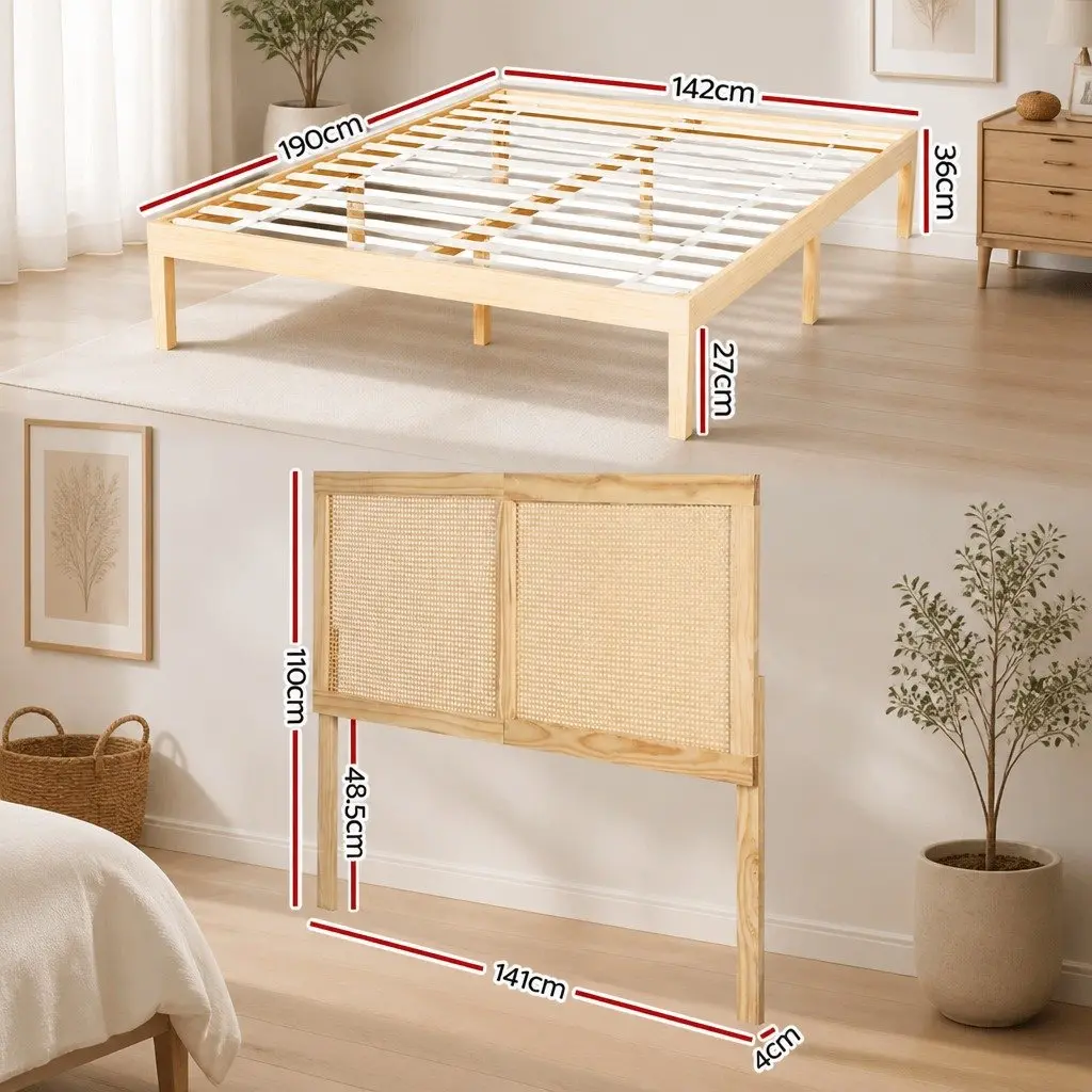 Double Bed Frame with Rattan Headboard in Pinewood