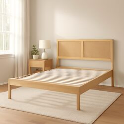 Queen Bed Frame with Rattan Headboard and Wooden Base