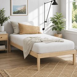 Single Bed Frame with Wooden Base and Slatted Platform