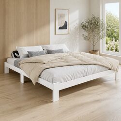 Queen Size Bed Frame in White Solid Pine with Storage