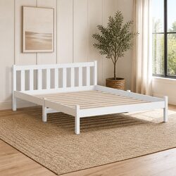 White Wooden Double Bed Frame with Plywood Slat Base
