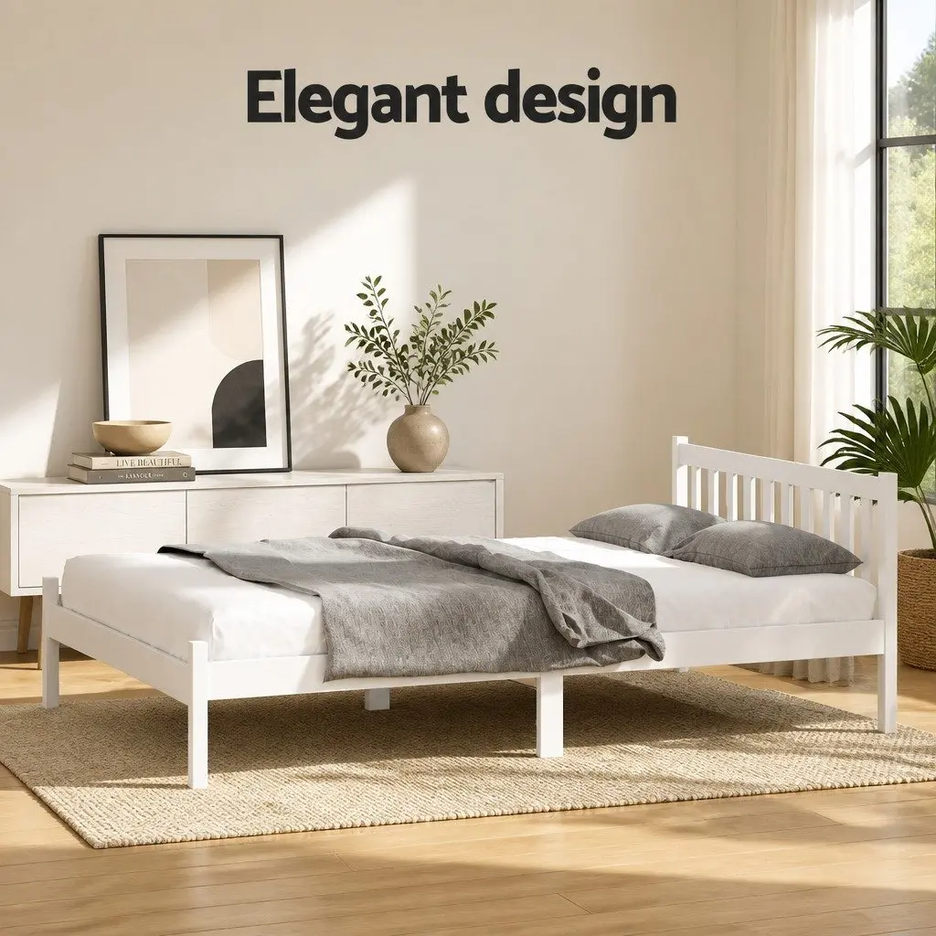 Double Bed Frame White Solid Pine Wood Slat Base with Headboard 198cm x 145cm x 69cm