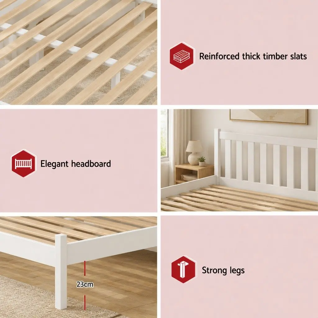 Double Bed Frame White Solid Pine Wood Slat Base with Headboard 198cm x 145cm x 69cm