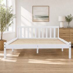 Queen Size Bed Frame Solid Pine Construction White Finish