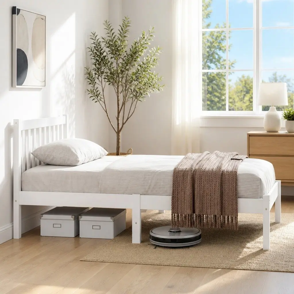 Queen Bed Frame White Wooden Pine Timber Bedroom Furniture Slat Base Headboard