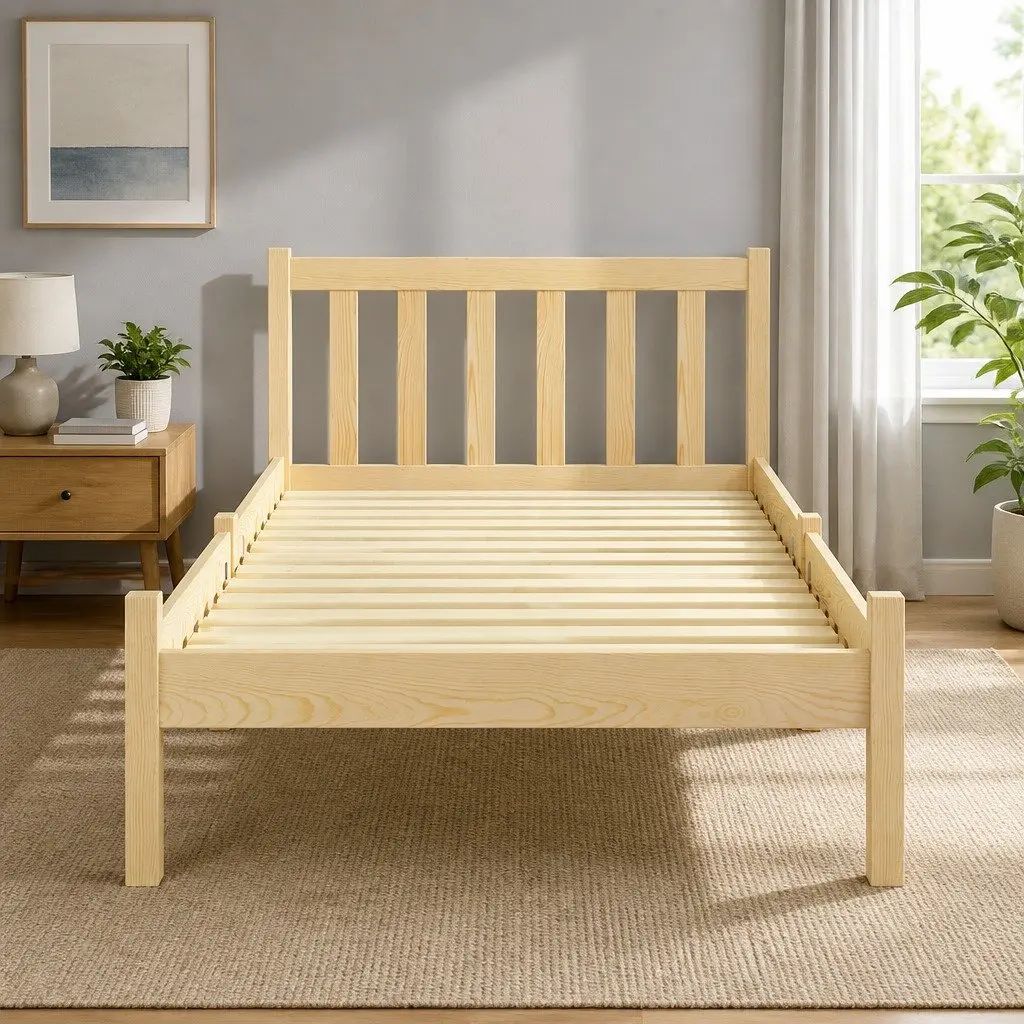 Wooden Bed Frame Single with Storage Headboard Solid Pine Oak 198cm x 98cm