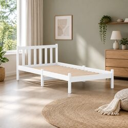 Single Pine Wood Bed Frame in White Finish