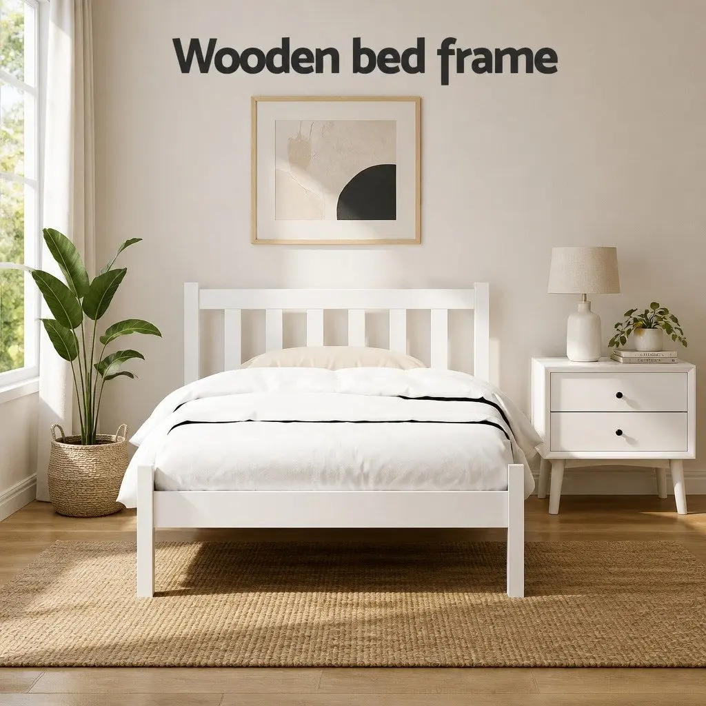Single Bed Frame White Pine Wood Slat Base Headboard